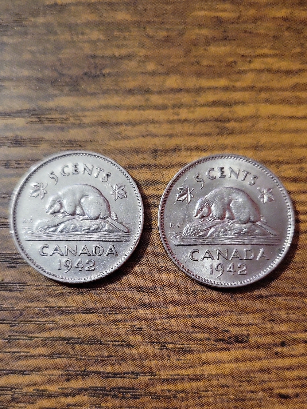 Vintage WW2 Canadian 1942 Nickel Five Cent Coins - Silver Tone